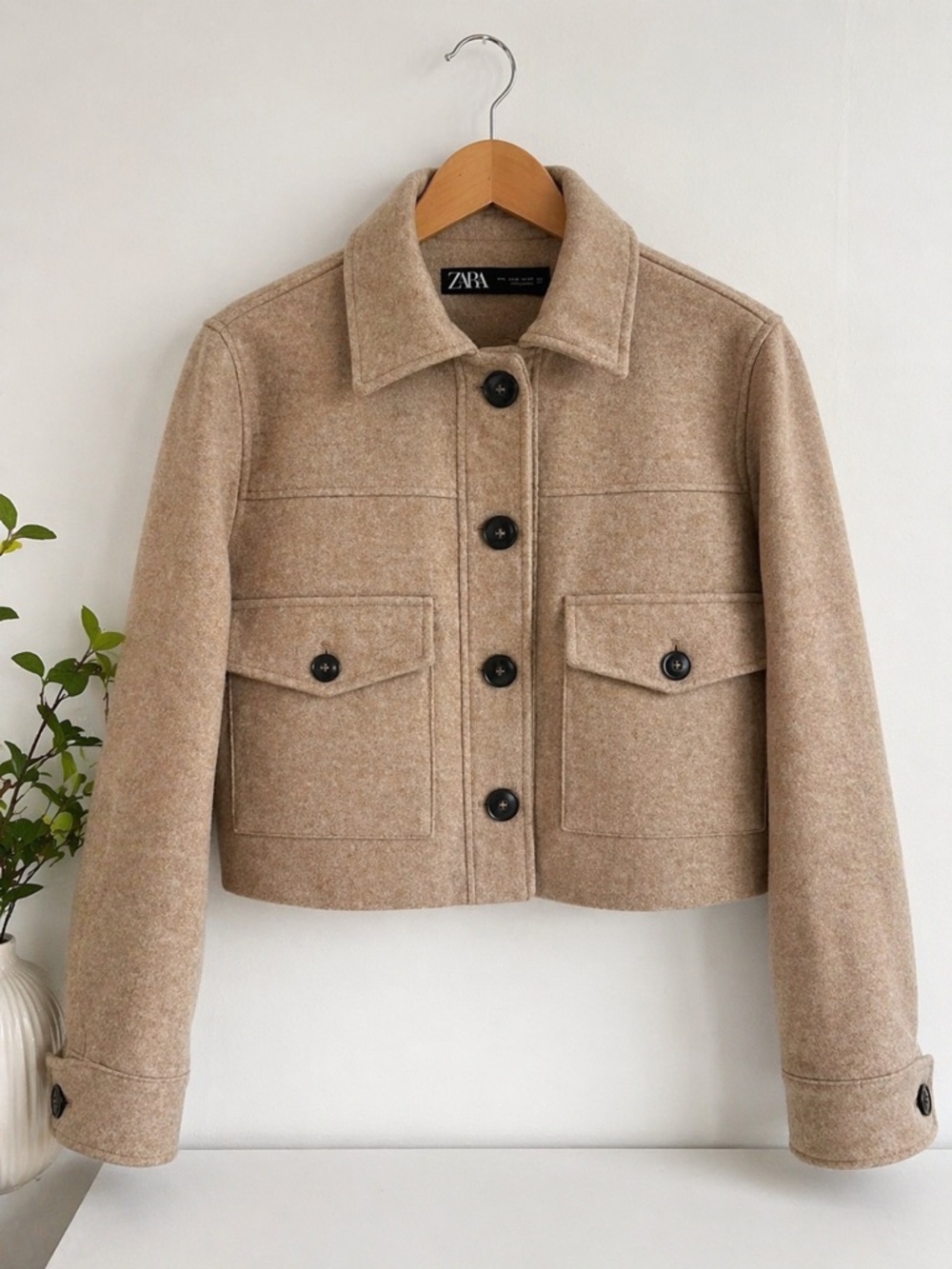 ZARA Cropped Camel Utility Jacket Wool Blend Button Front Size S Chic